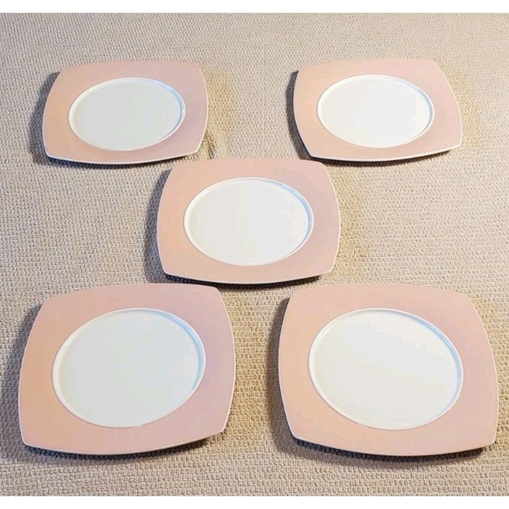 Karaca Fine Bone China‎ Porcelain 5 Dinner Plates Square Pink & White Limited Ed